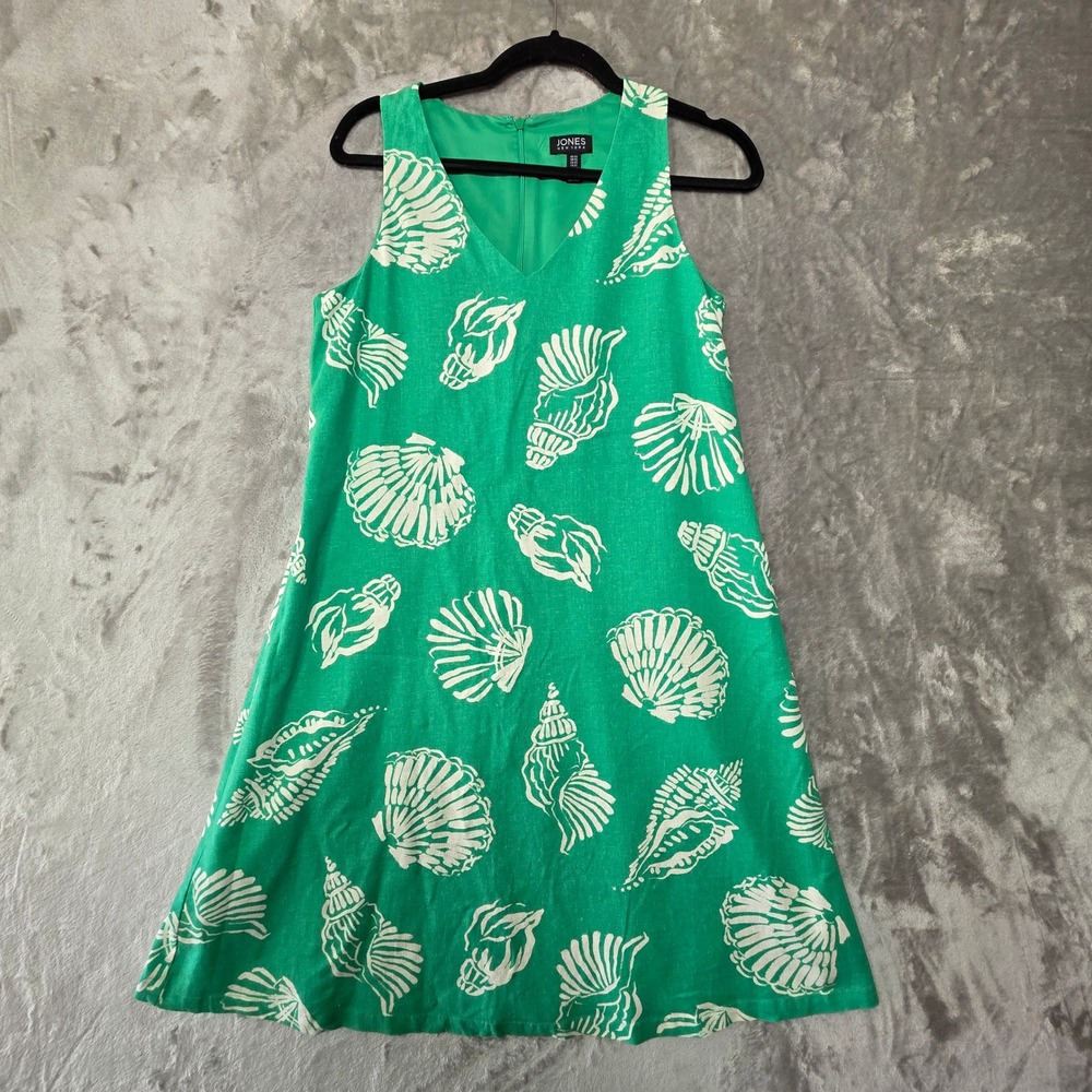 Jones New York Green Linen Blend Seashell Print V-Neck Shift Dress Womens XS